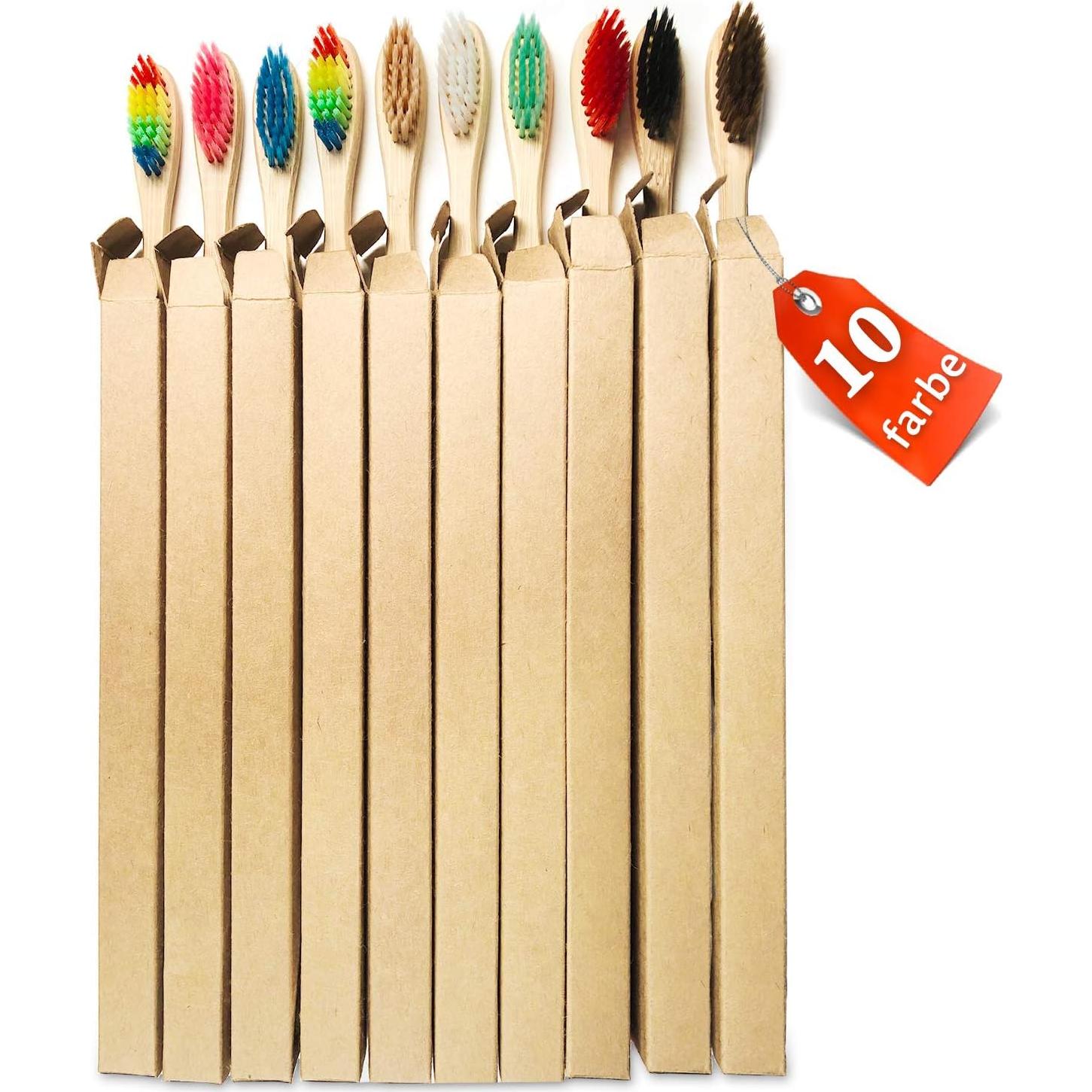 Set de 10 cepillos de dientes de bambú Sumshy, ecológicos y suaves