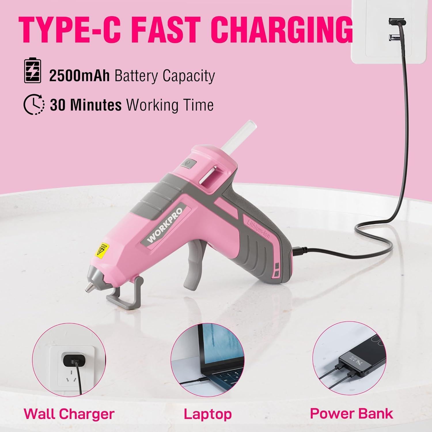 Pistola de Pegamento Caliente Inalámbrica WORKPRO 3.6V Rosa