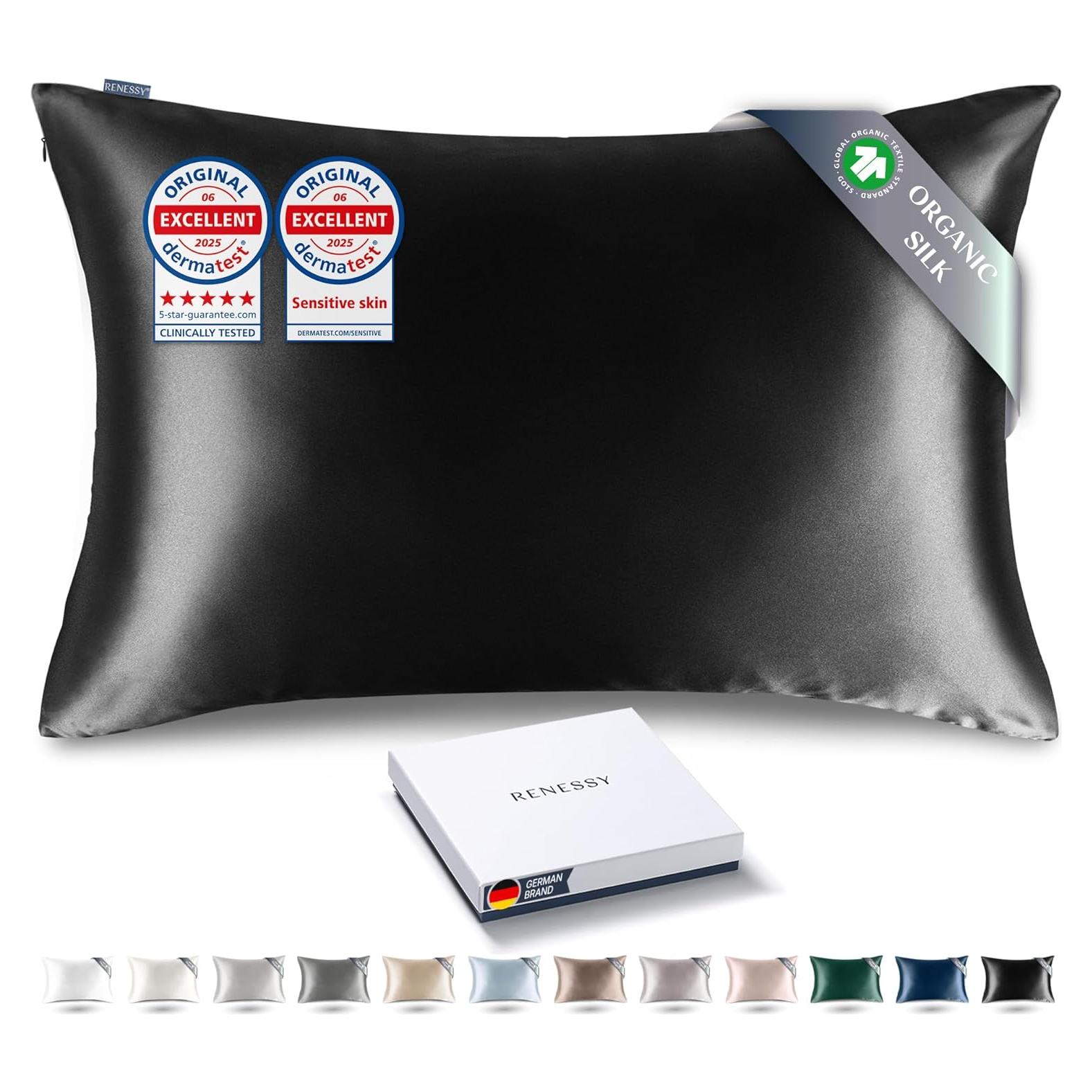 Funda de Almohada de Seda RENESSY 100% Orgánica 50.8x66 cm Negra