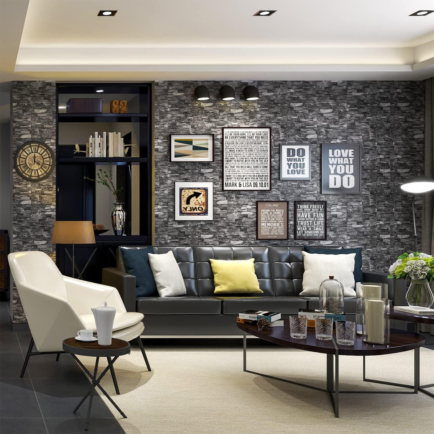 10PCS 3D Wall Panels Peel and Stick 3D Brick Wallpaper Peel and Stick Faux Stone Wall Panel Foam Brick Self-Adhesive Wallpaper (Black,10pcs)