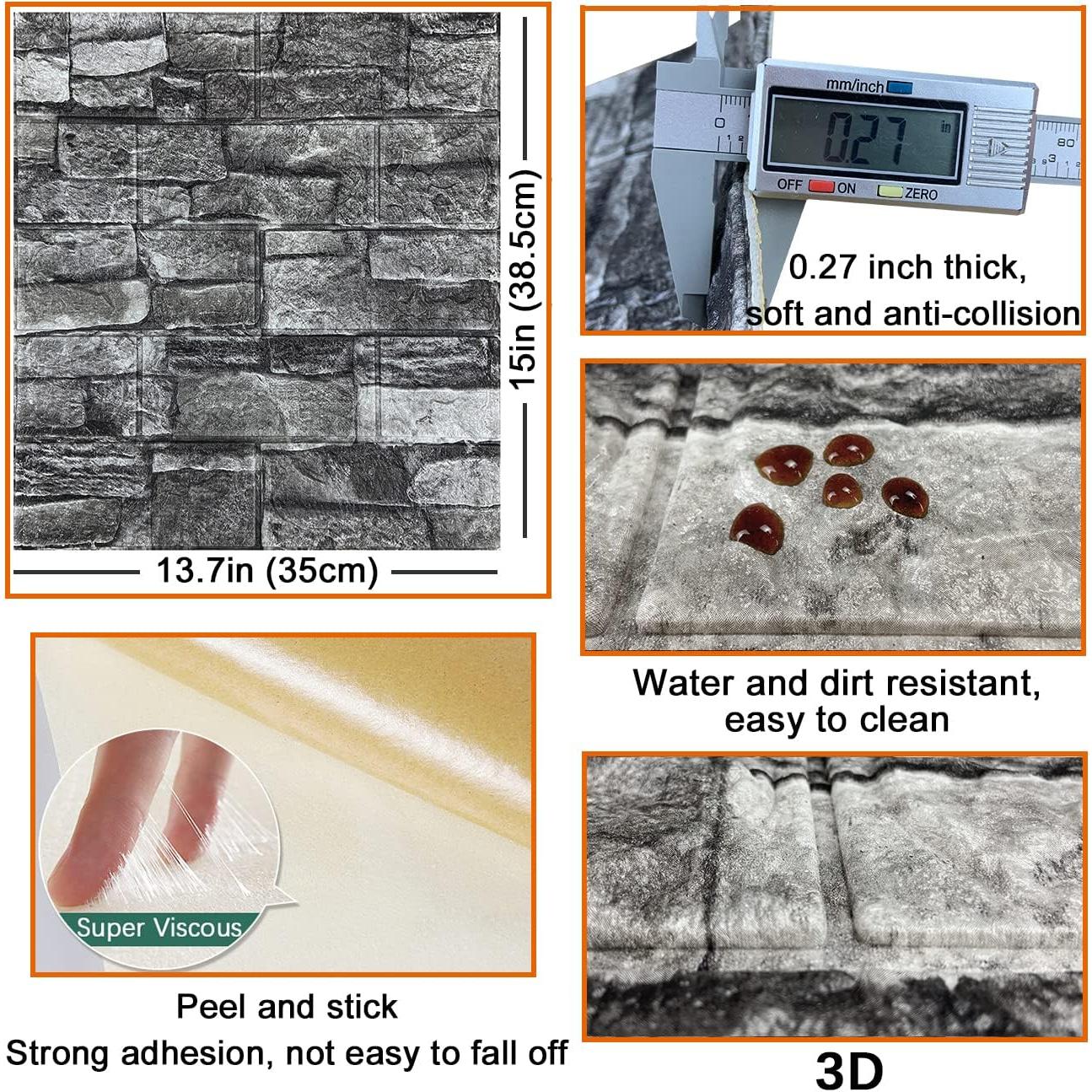 10PCS 3D Wall Panels Peel and Stick 3D Brick Wallpaper Peel and Stick Faux Stone Wall Panel Foam Brick Self-Adhesive Wallpaper (Black,10pcs)