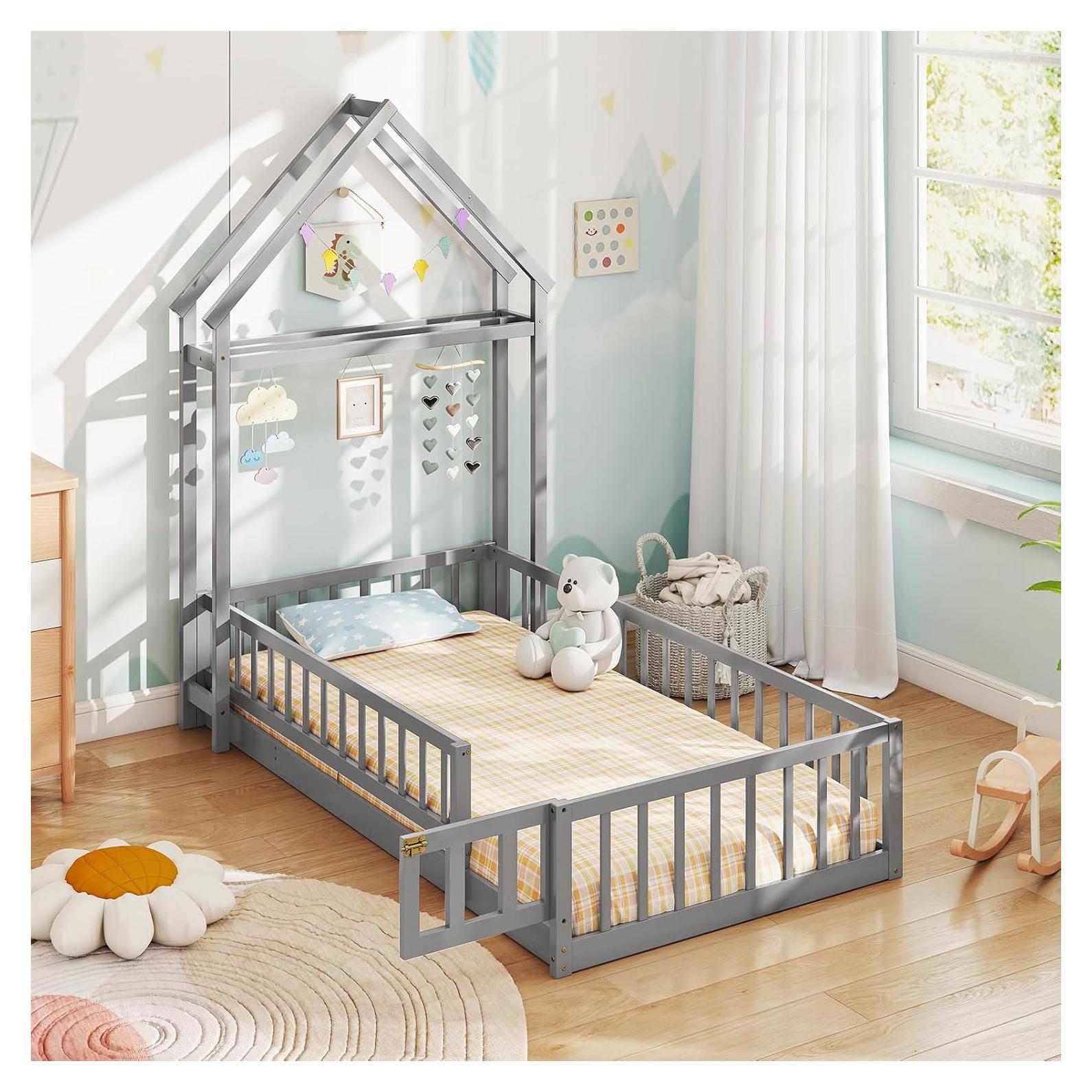 Cama de Piso Doble Montessori Giantex Gris con Cabecera Casa