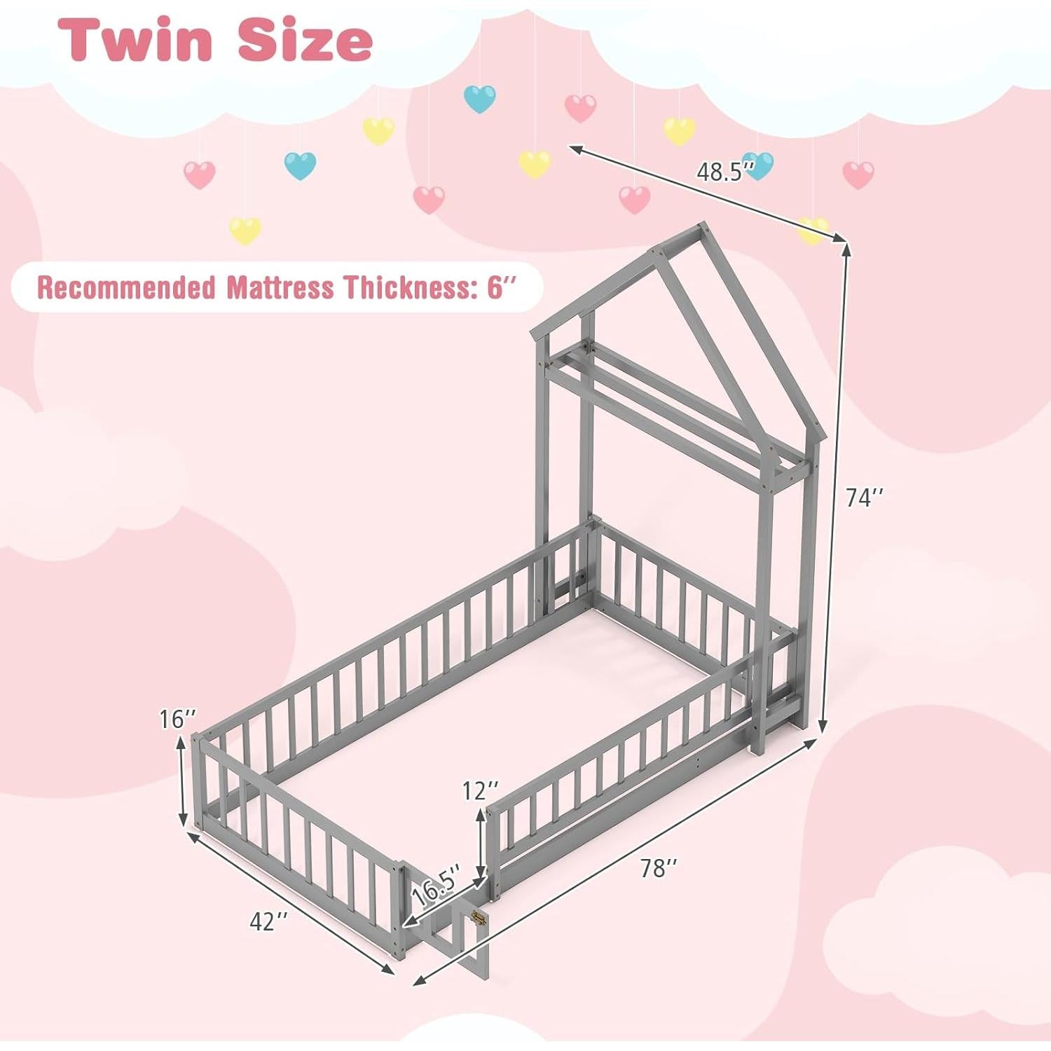 Cama de Piso Doble Montessori Giantex Gris con Cabecera Casa