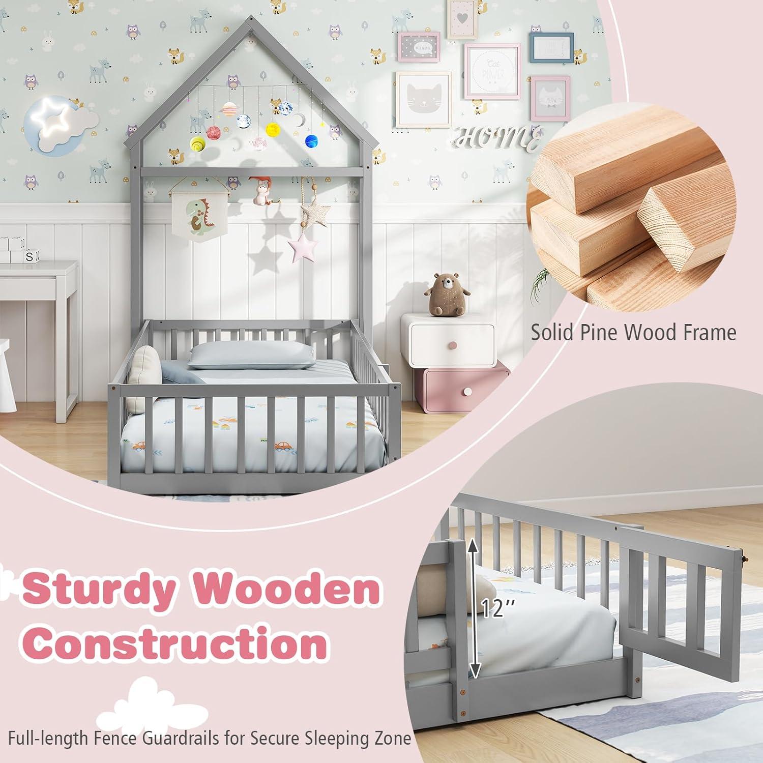 Cama de Piso Doble Montessori Giantex Gris con Cabecera Casa