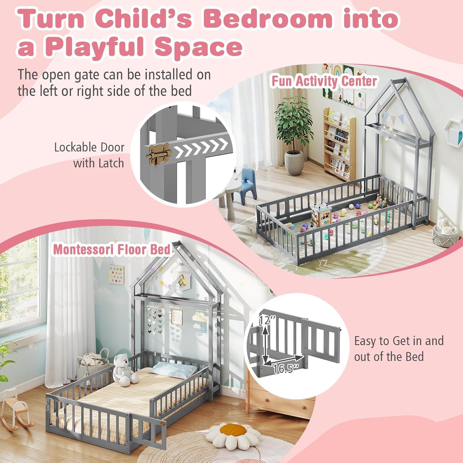 Cama de Piso Doble Montessori Giantex Gris con Cabecera Casa