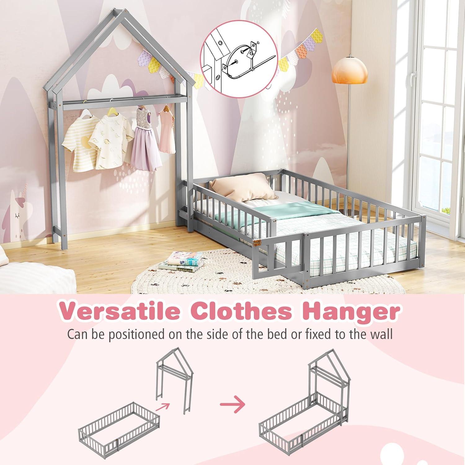 Cama de Piso Doble Montessori Giantex Gris con Cabecera Casa