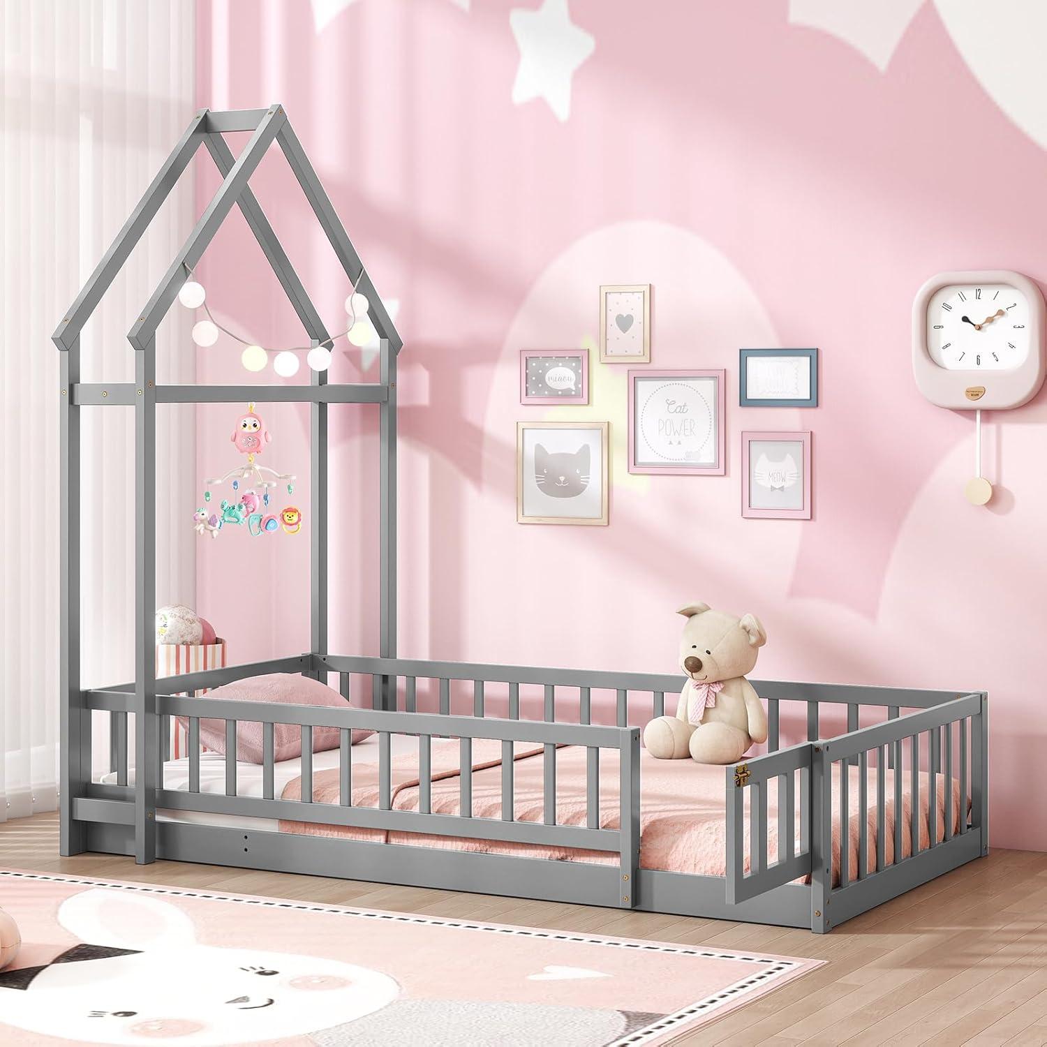 Cama de Piso Doble Montessori Giantex Gris con Cabecera Casa