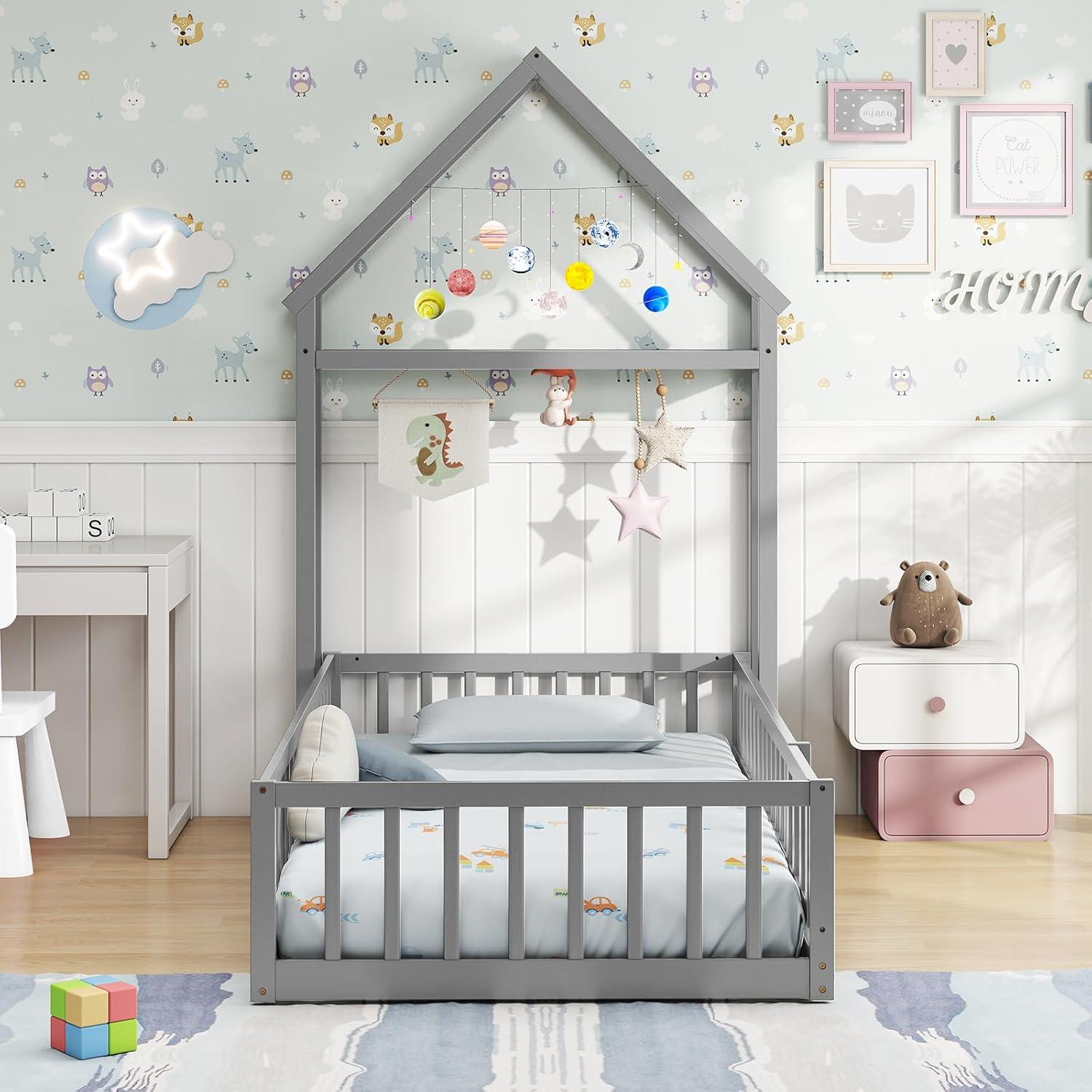Cama de Piso Doble Montessori Giantex Gris con Cabecera Casa