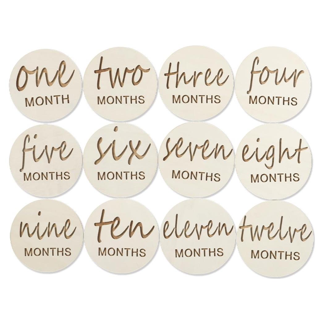 12 Tarjetas de Hitos Mensuales de Madera para Bebés - Regalo