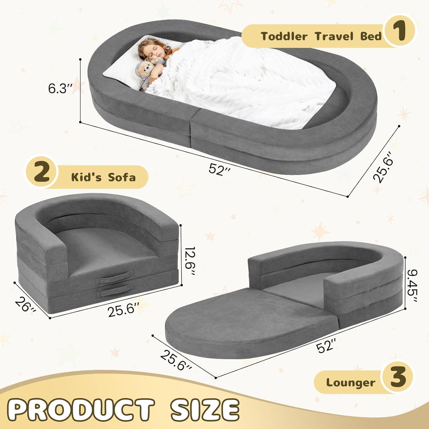 Cama de viaje Tykacna para niños 3 en 1, gris, 132x65cm