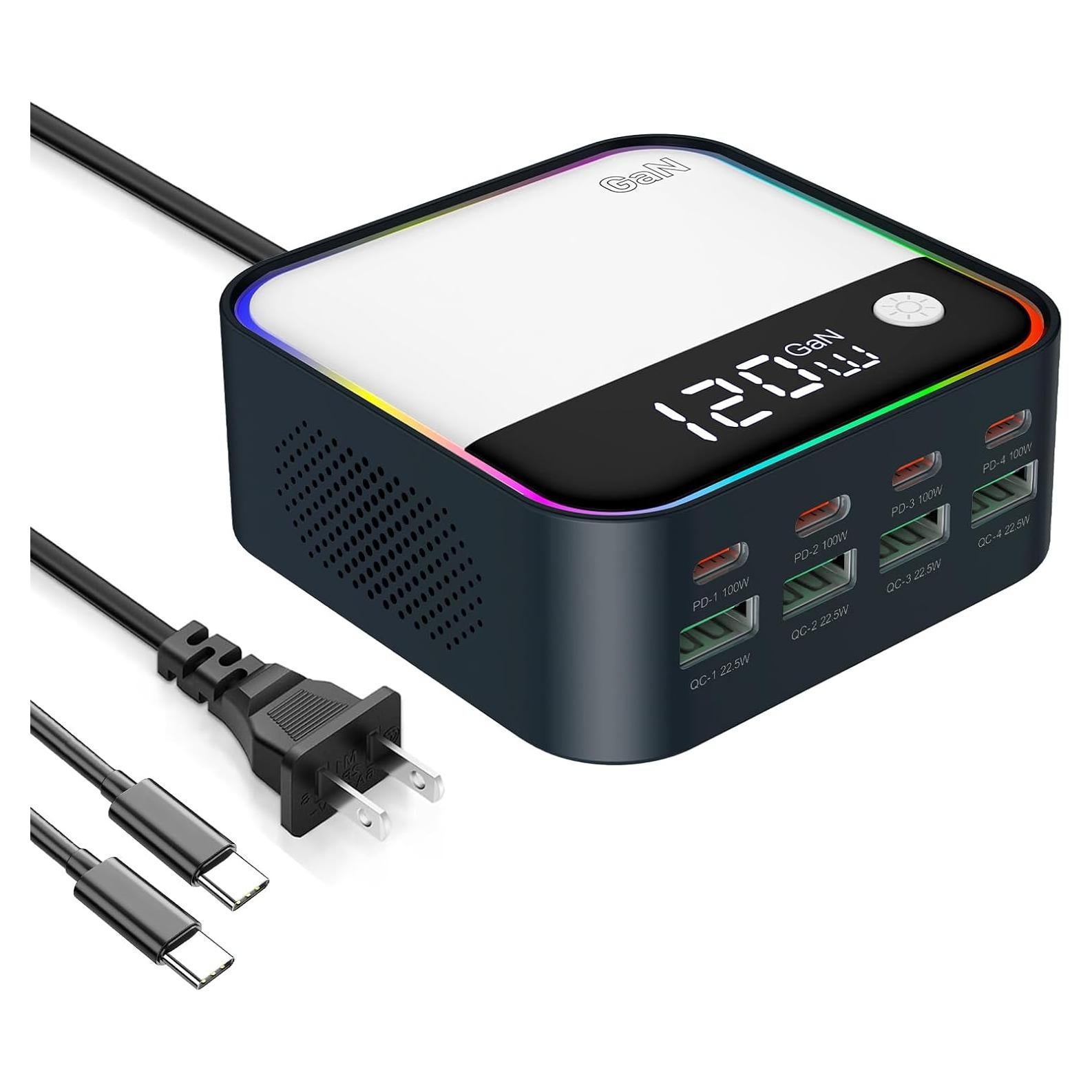 Cargador USB C 120W GaN MultiPuerto con Pantalla LED - Negro