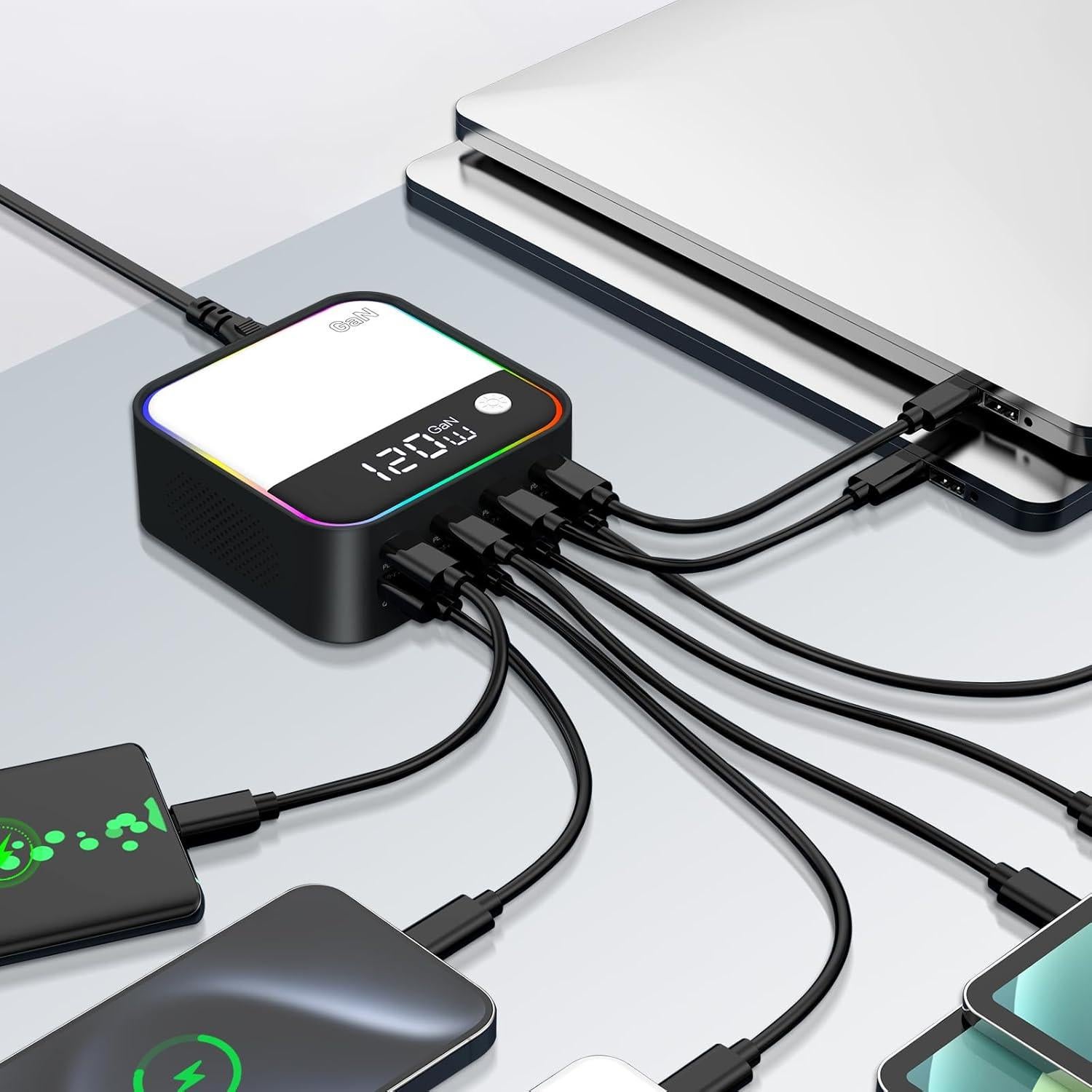 Cargador USB C 120W GaN MultiPuerto con Pantalla LED - Negro