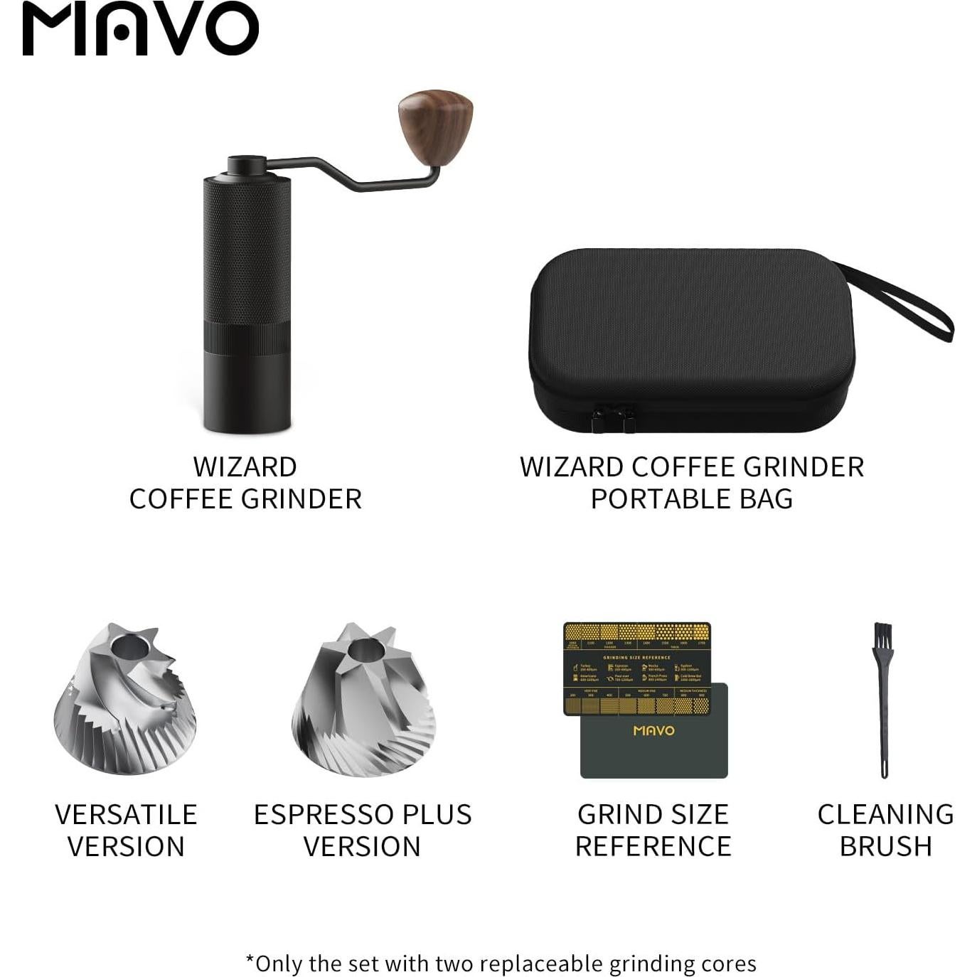 MAVO Manual Coffee Grinder, Wizard Hand Coffee Grinder, Capacity 25g with 2PCS CNC Stainless Steel Conical Burr -Pentagon and Hexagonal, Burr Coffee Bean Grinder for French Press, Pour Over, Black