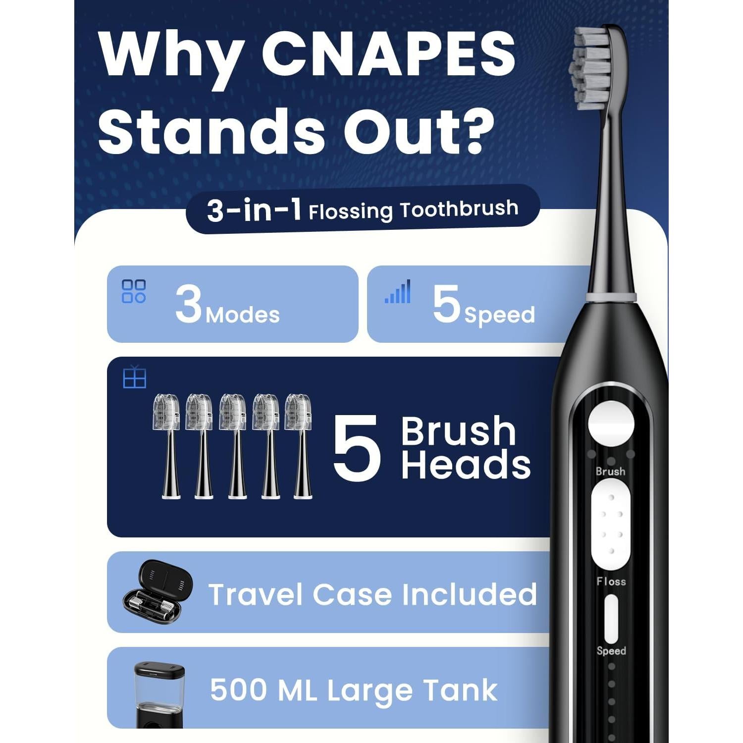 Cepillo de dientes eléctrico CNAPES con irrigador 3 en 1, 5 cabezales