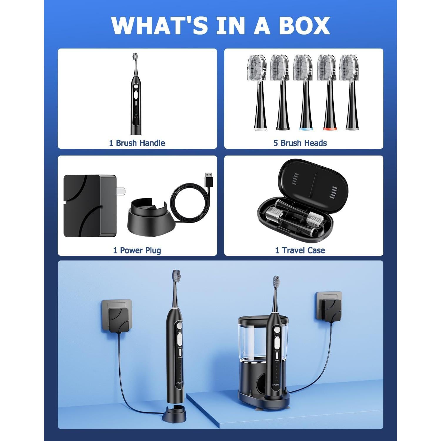 Cepillo de dientes eléctrico CNAPES con irrigador 3 en 1, 5 cabezales