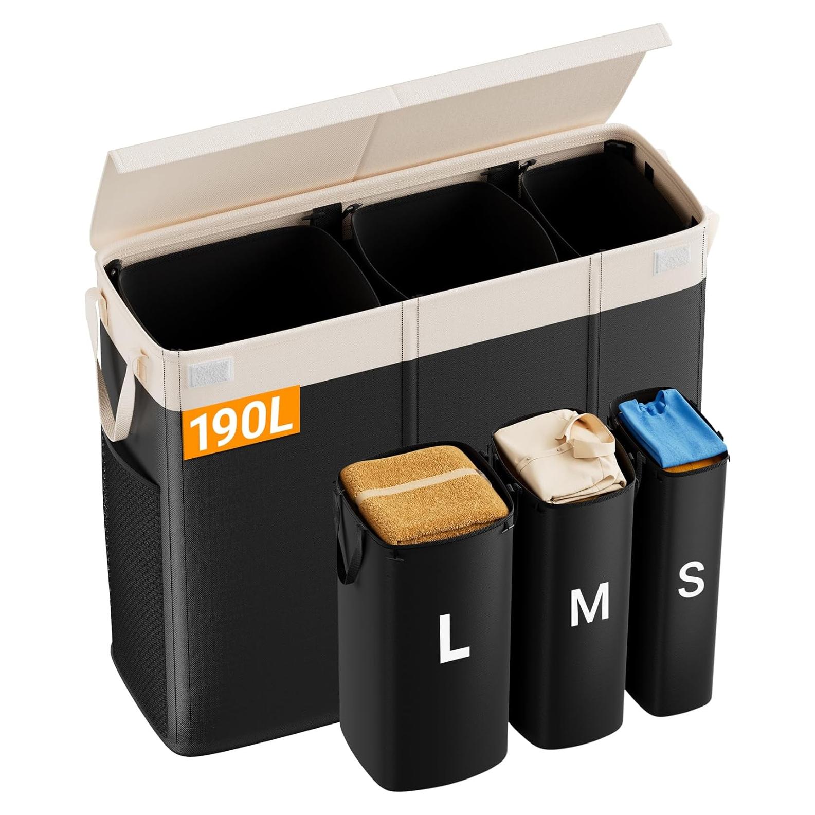 Cesto de Ropa 190L Furicher con Tapa y 3 Secciones