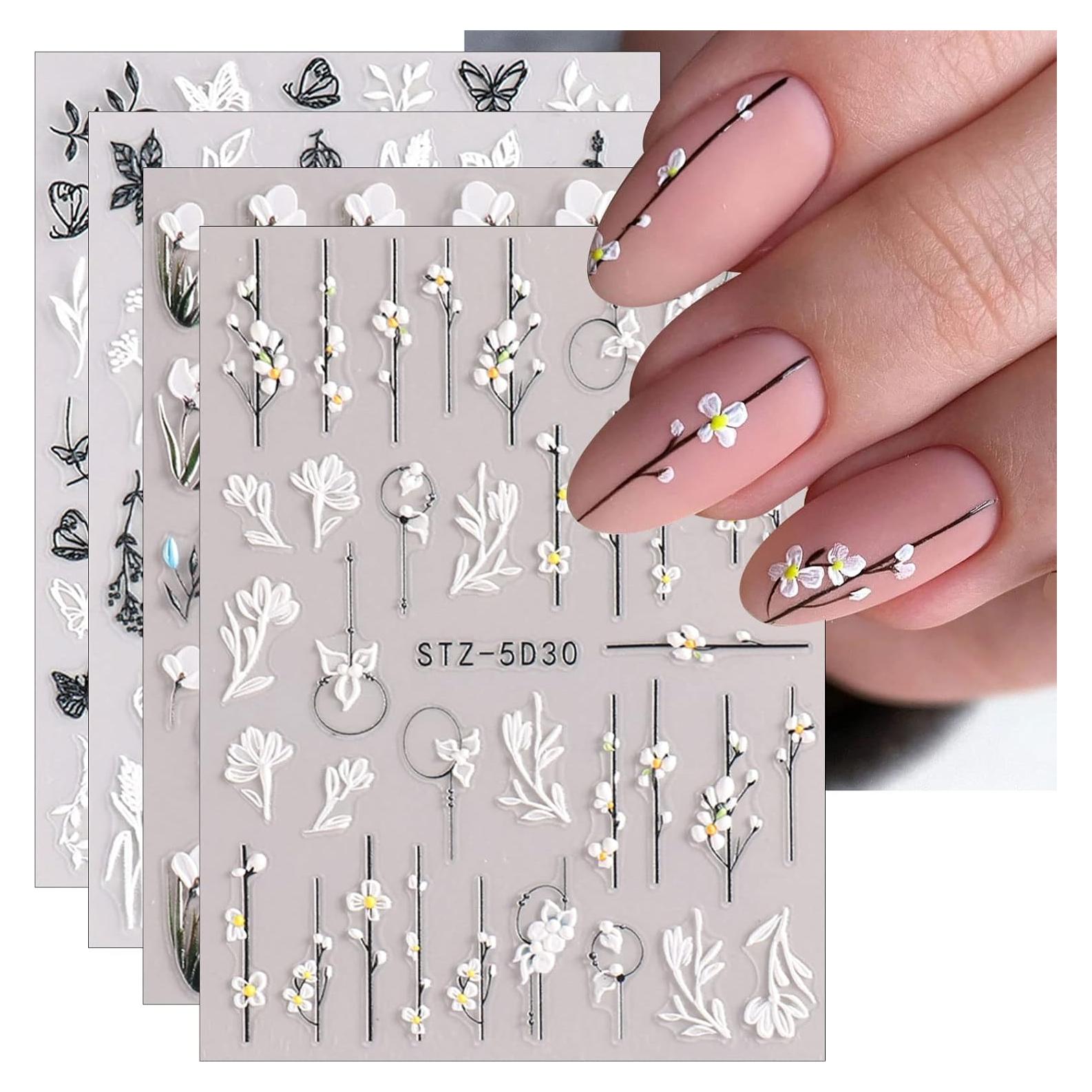 Calcomanías de Uñas 3D JMEOWIO Flores Coloridas 4 Hojas