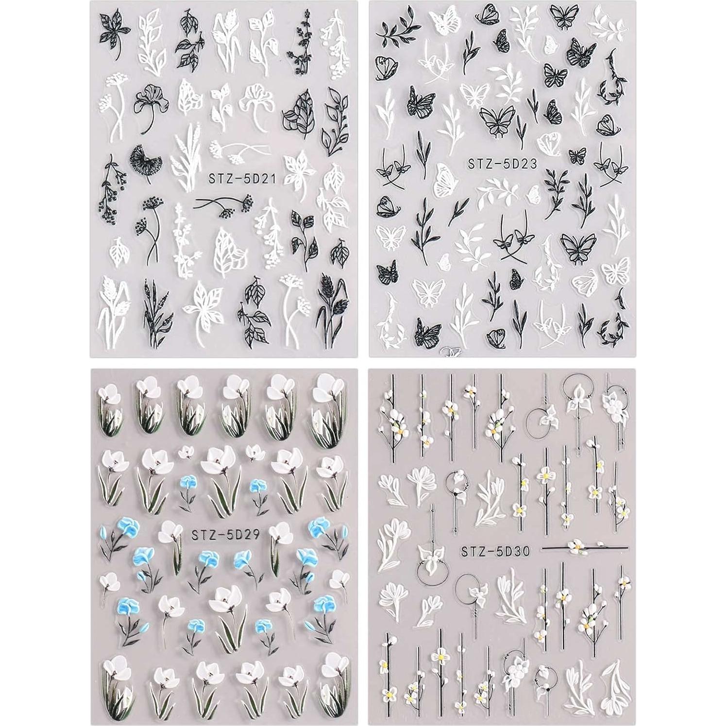 Calcomanías de Uñas 3D JMEOWIO Flores Coloridas 4 Hojas