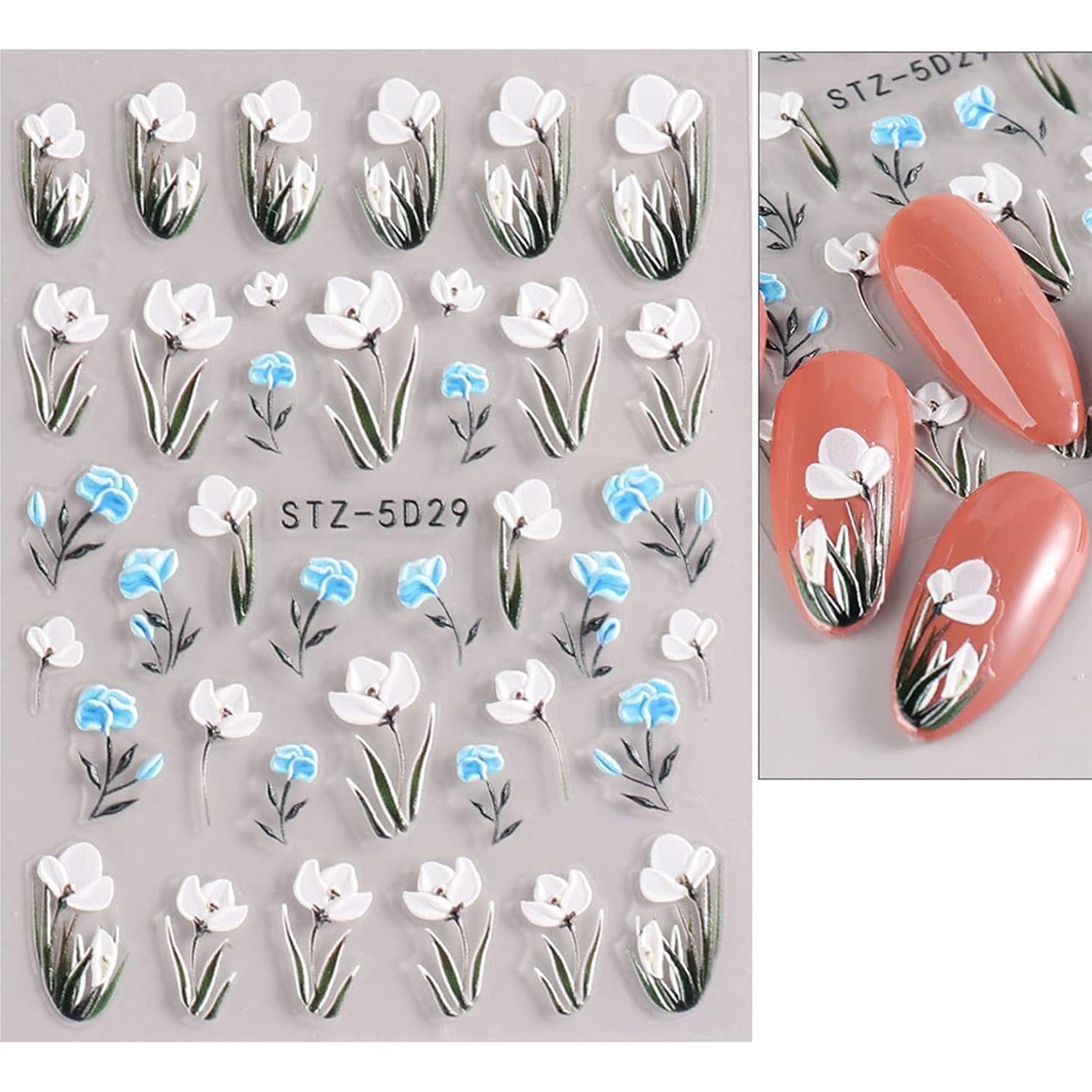 Calcomanías de Uñas 3D JMEOWIO Flores Coloridas 4 Hojas