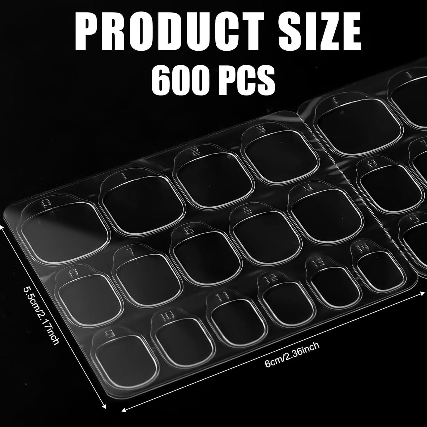 BOXOB 600 Pestañas Adhesivas para Uñas Falsas - 15 Tamaños