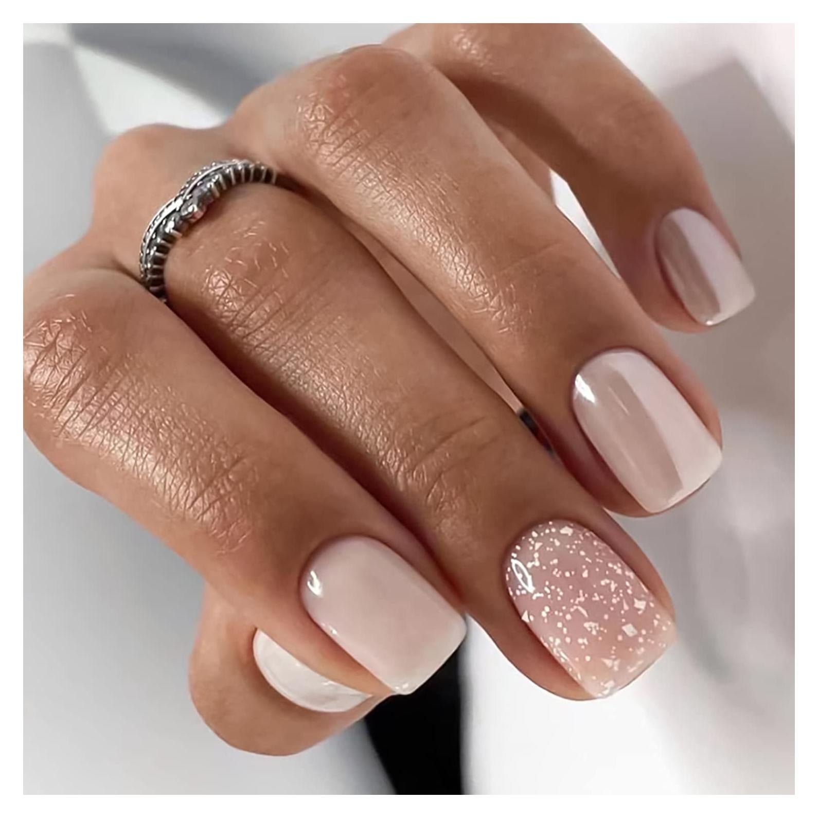 24 Uñas Postizas Cortas Rosa Nude RIIICFDD con Brillo