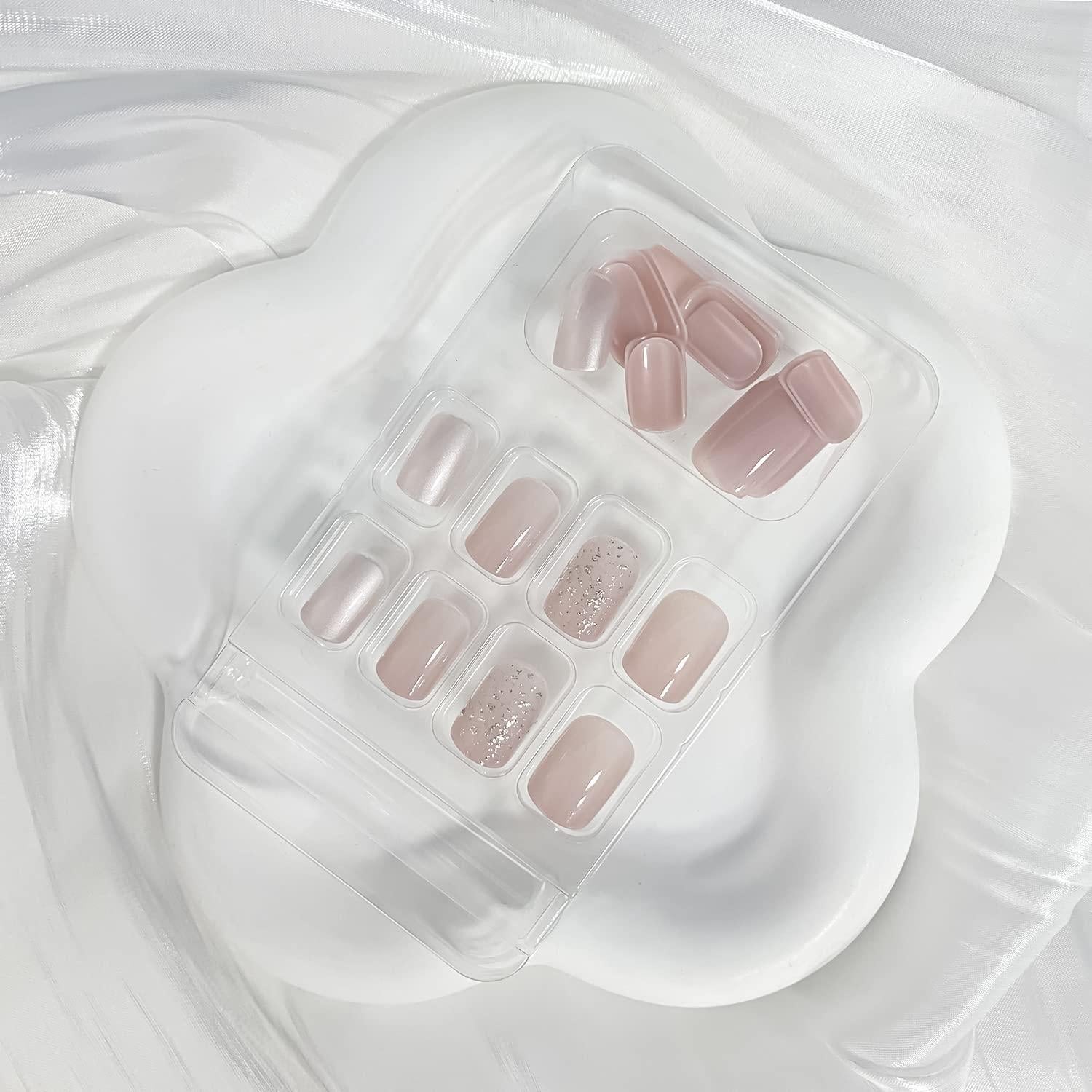 24 Uñas Postizas Cortas Rosa Nude RIIICFDD con Brillo