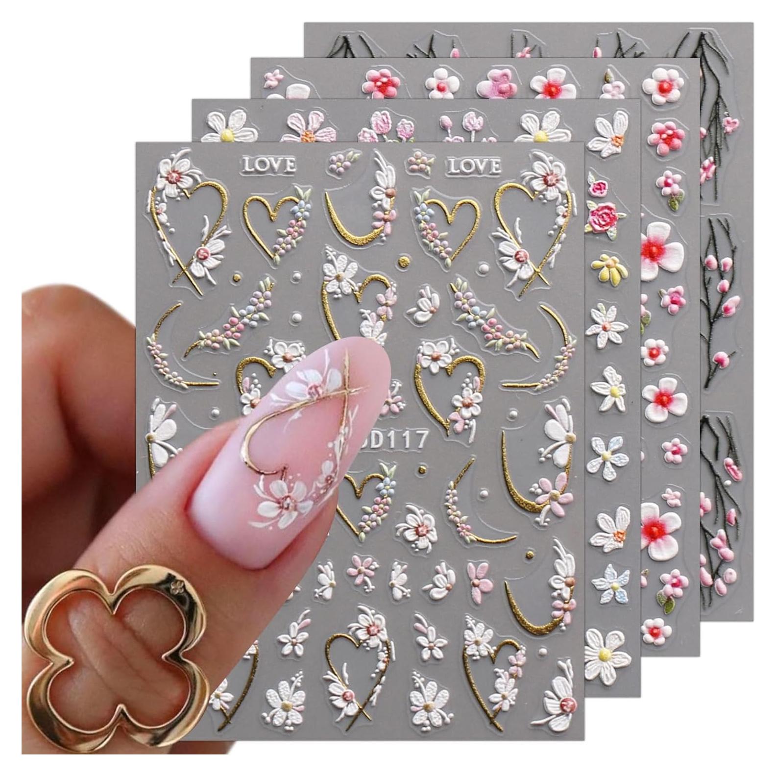 Calcomanías de Uñas 3D JMEOWIO Flores Autoadhesivas 4 Hojas