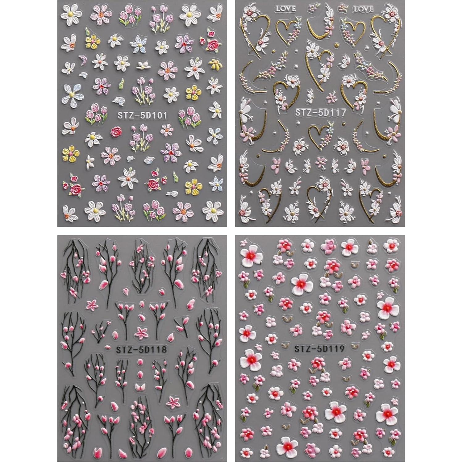 Calcomanías de Uñas 3D JMEOWIO Flores Autoadhesivas 4 Hojas