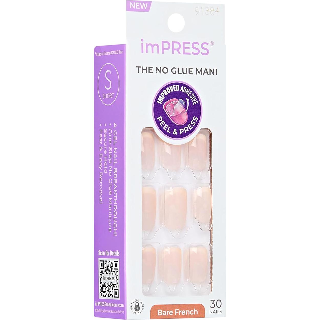 Uñas Postizas KISS imPRESS Francesas Heroico Cortas 30 Uñas