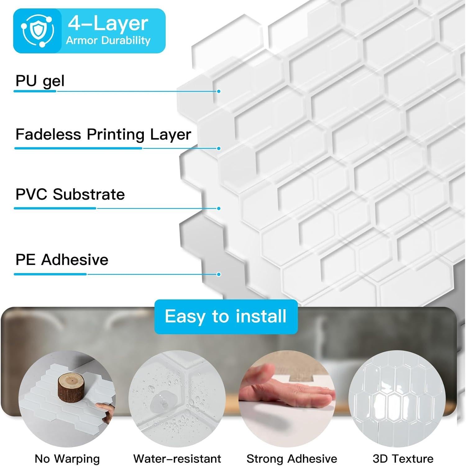 Azulejos Autoadhesivos Art3d 10 Hojas Vinilo Blanco 30.48x30.48cm