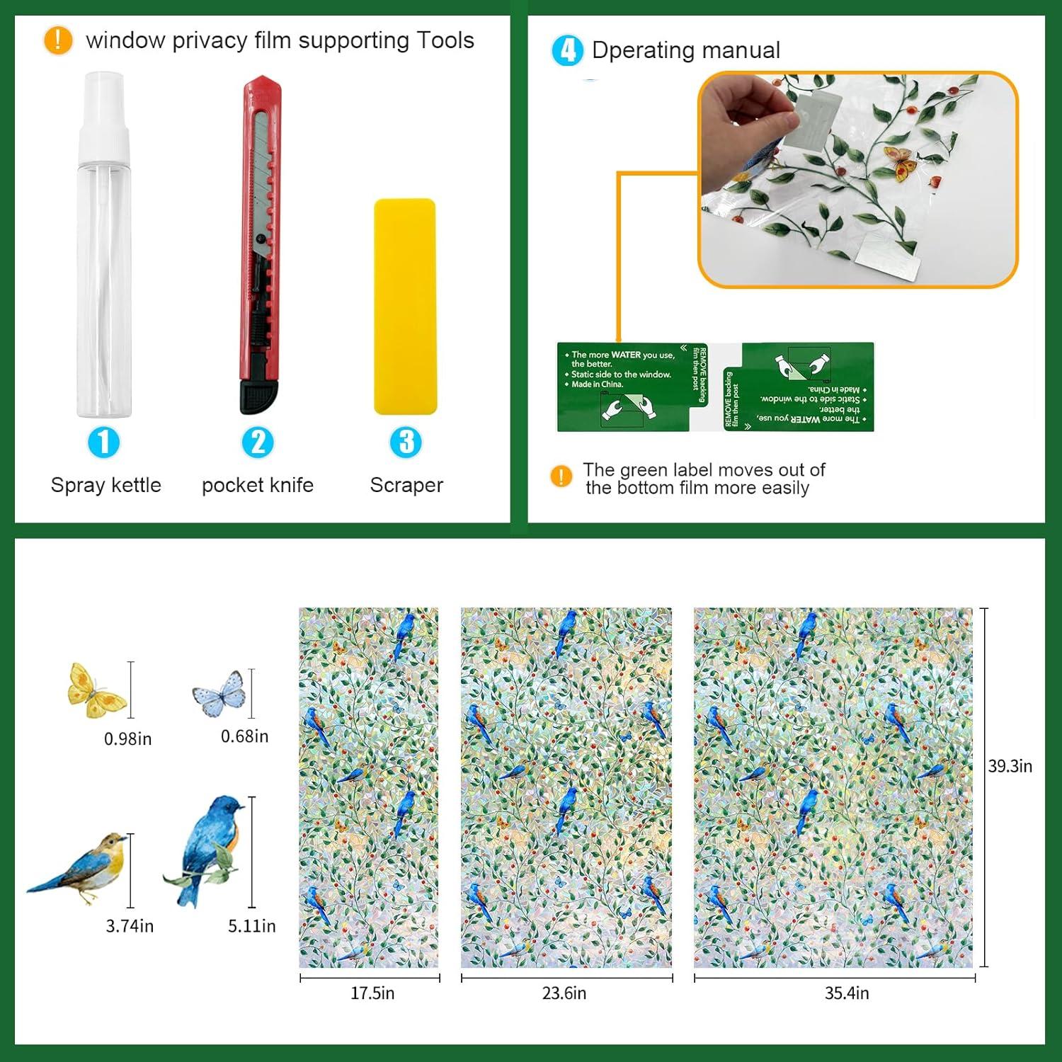 Película de Ventana Privacidad COUNTEWOL 44.5x199.4cm Pájaro Floral