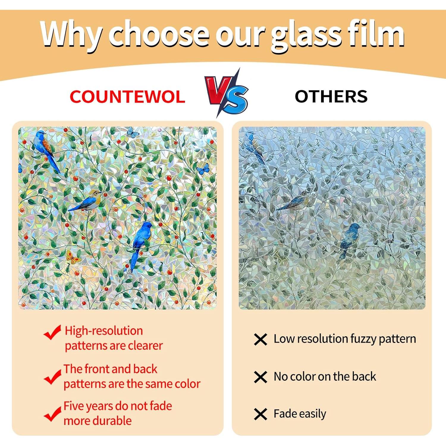 Película de Ventana Privacidad COUNTEWOL 44.5x199.4cm Pájaro Floral