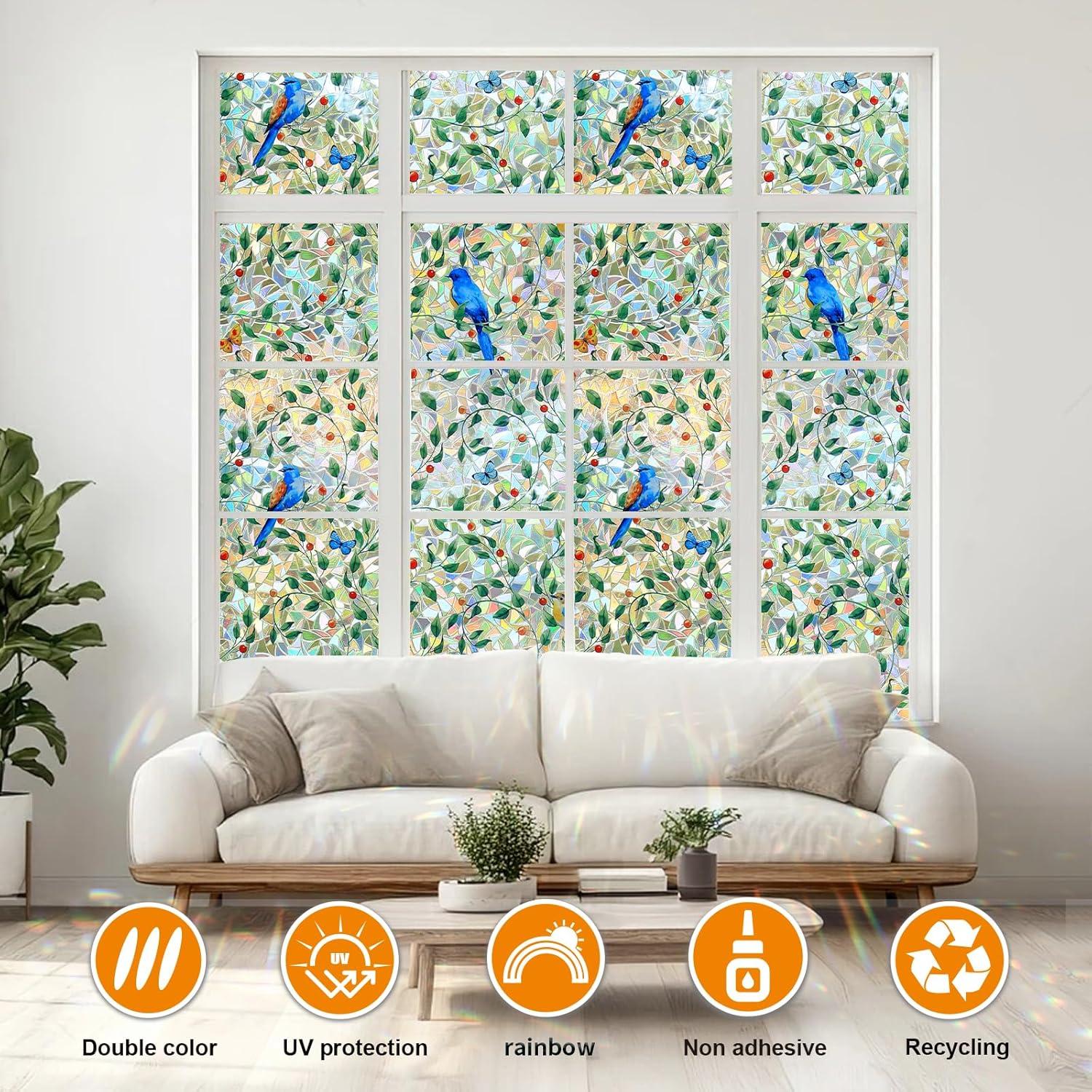 Película de Ventana Privacidad COUNTEWOL 44.5x199.4cm Pájaro Floral