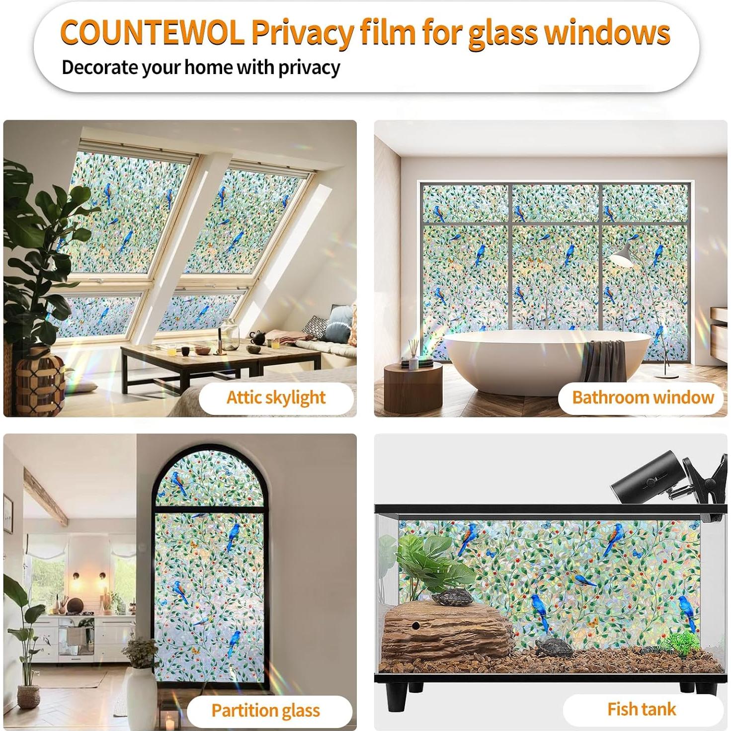 Película de Ventana Privacidad COUNTEWOL 44.5x199.4cm Pájaro Floral