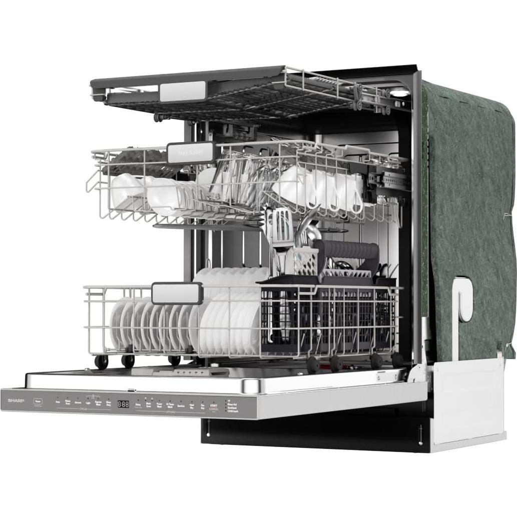 SHARP SDW6767HS Smart Dishwasher Works with Alexa. Includes LED Interior lights, Stainless Steel interior, Heated Dry with Fan Assist, Wash Zone cleans half load on either rack, Adjustable Third Rack