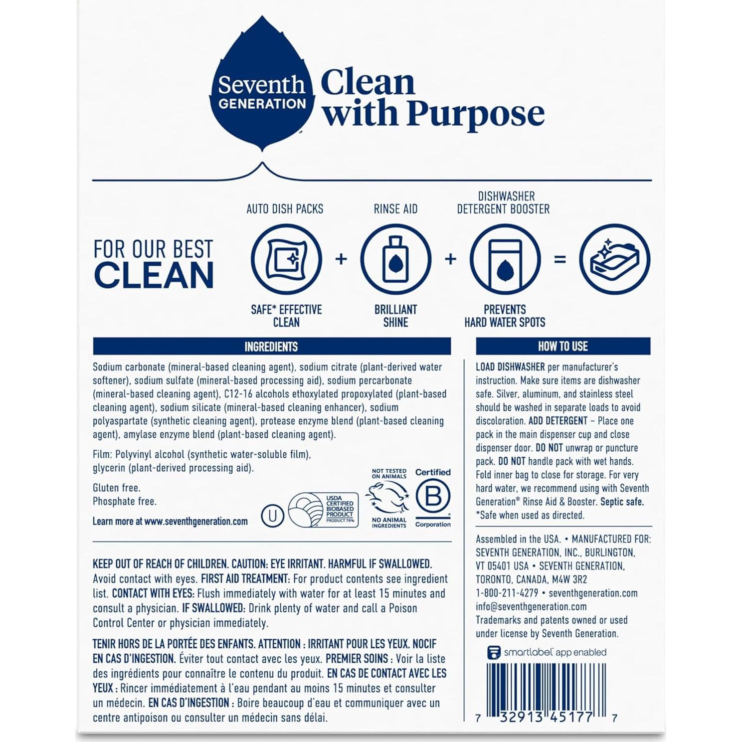 Detergente Natural para Lavavajillas Seventh Generation 45 Unidades - Aroma Libre y Claro