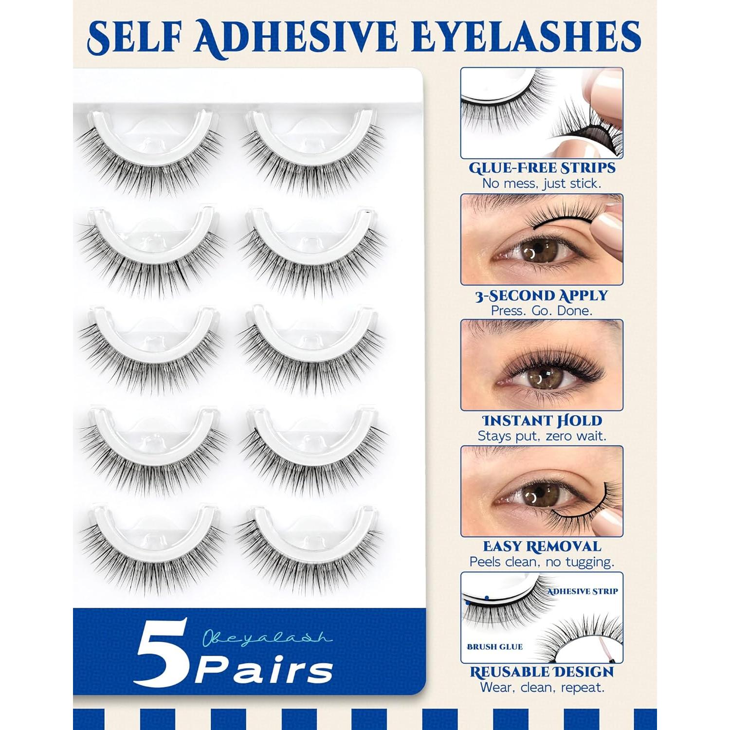 Pestañas Postizas Reutilizables Obeyalash 10mm 5 Pares Autoadhesivas