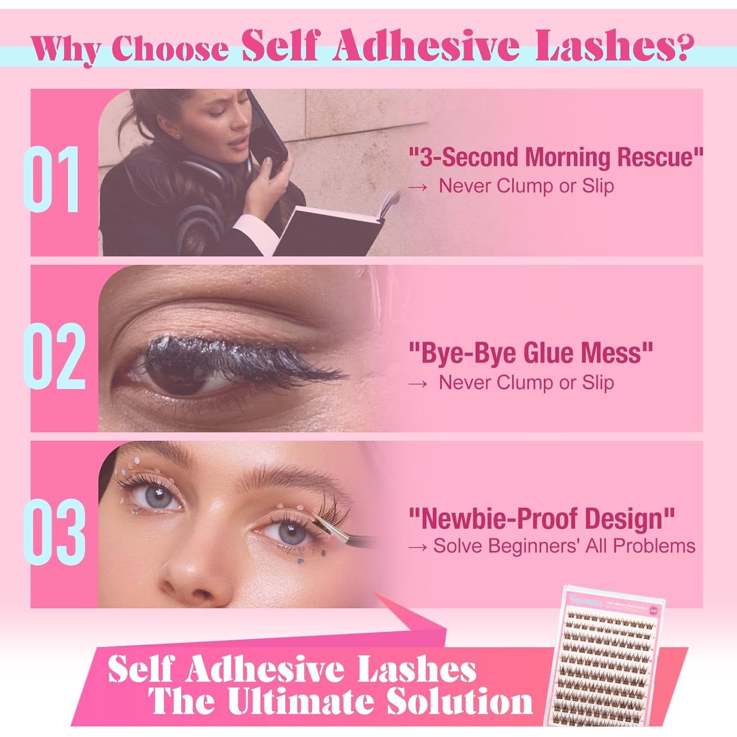 Grupos de Pestañas Autoadhesivas Yawamica Marrón 8-14mm Reutilizables