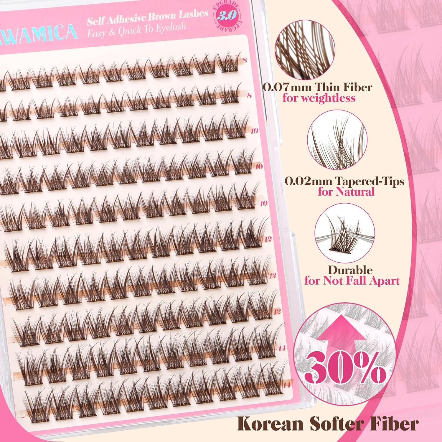 Grupos de Pestañas Autoadhesivas Yawamica Marrón 8-14mm Reutilizables