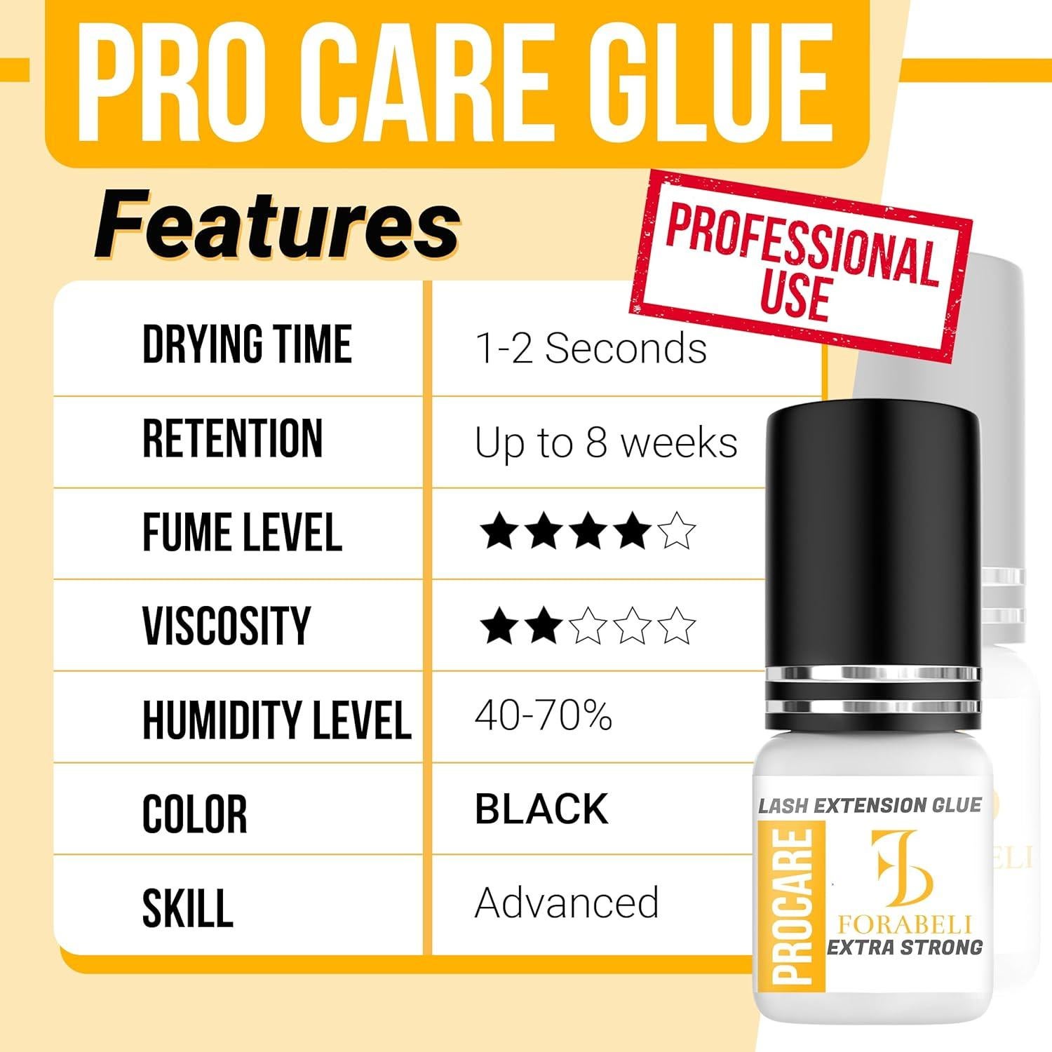 Adhesivo Profesional para Extensiones de Pestañas Forabeli Pro Care, Secado Rápido 1-2 Segundos, Retención 8 Semanas