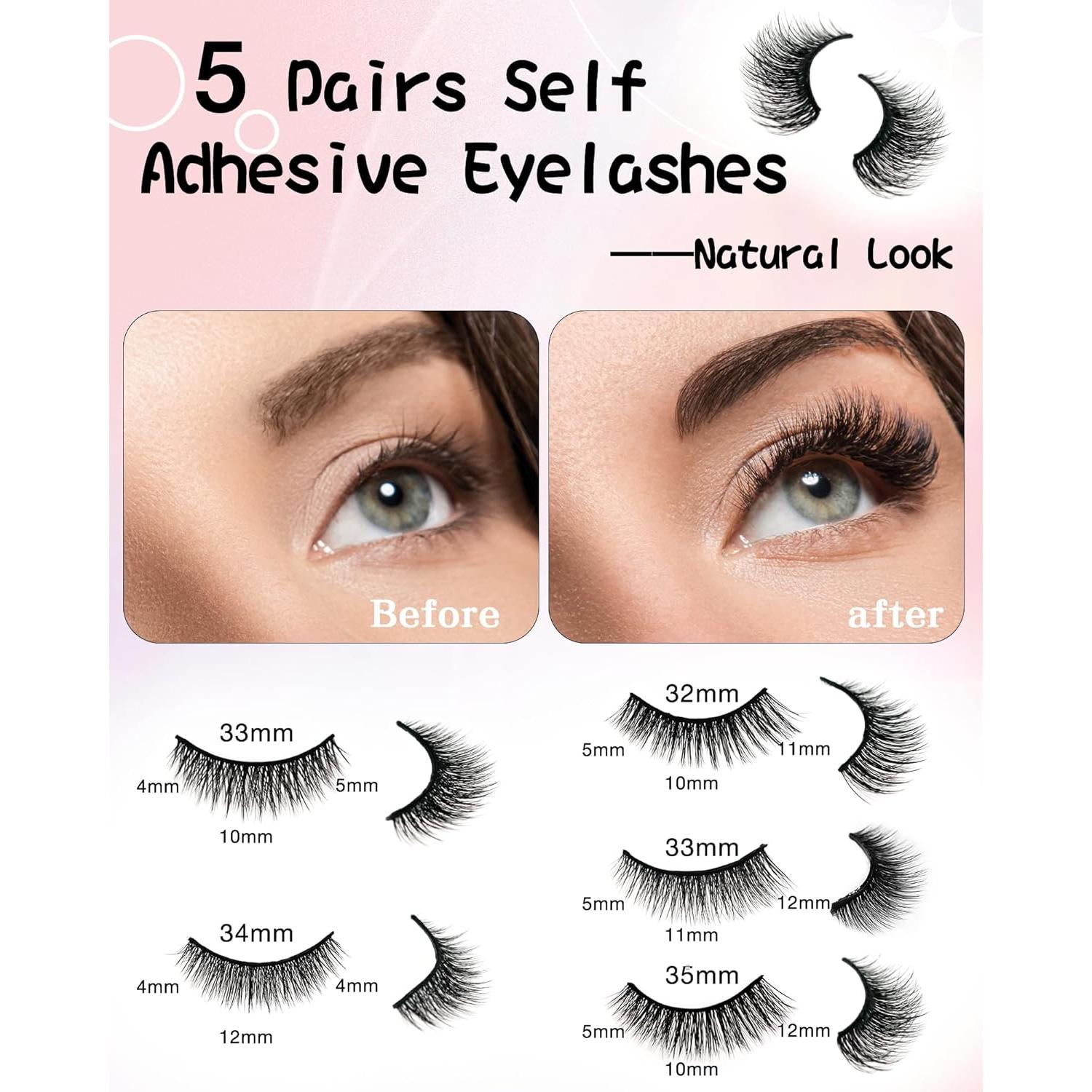 Self Adhesive Eyelashes Natural Look False Eyelashes Reusable Self Stick Lashes, No Glue Needed, 5 Pairs Mixed