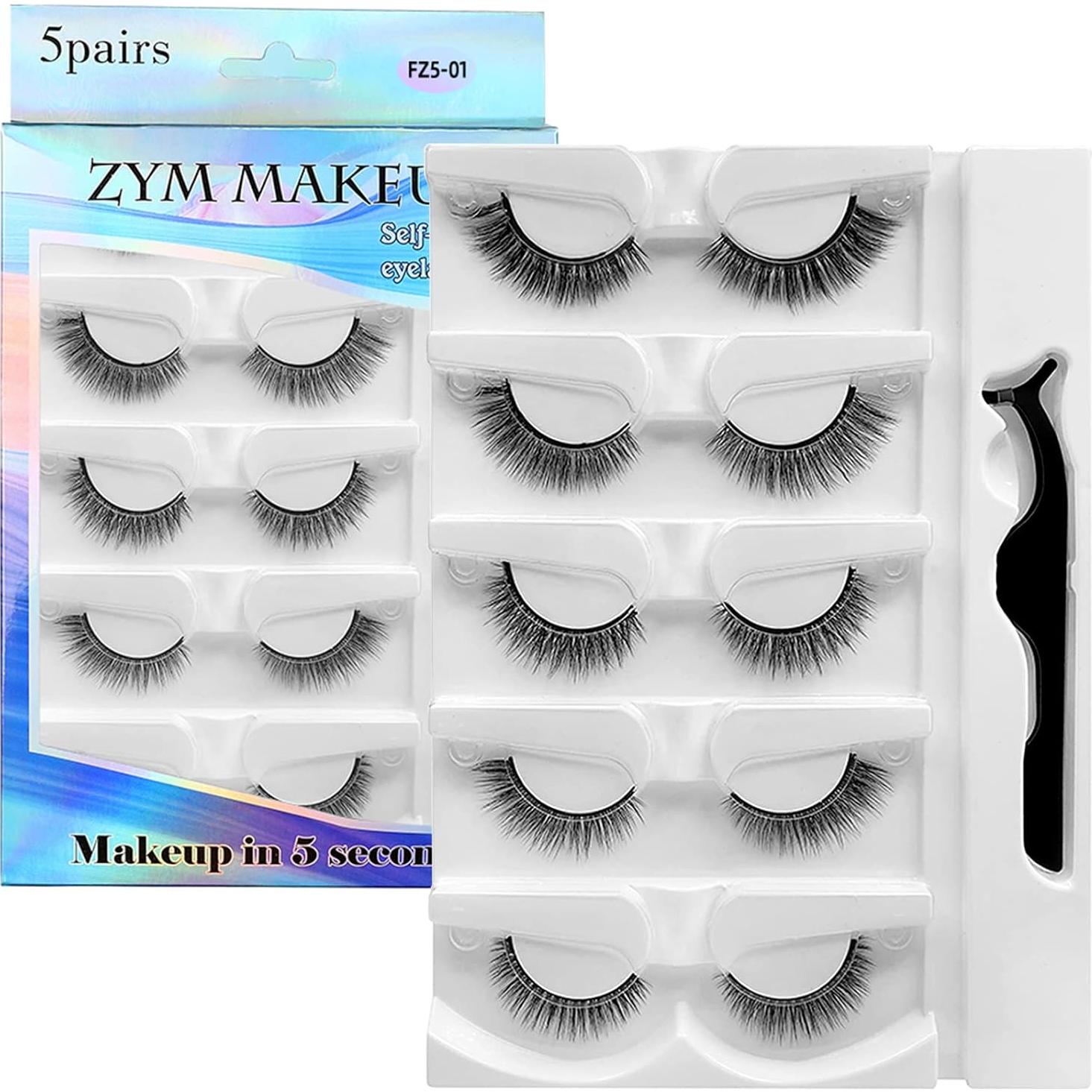 Self Adhesive Eyelashes Natural Look False Eyelashes Reusable Self Stick Lashes, No Glue Needed, 5 Pairs Mixed
