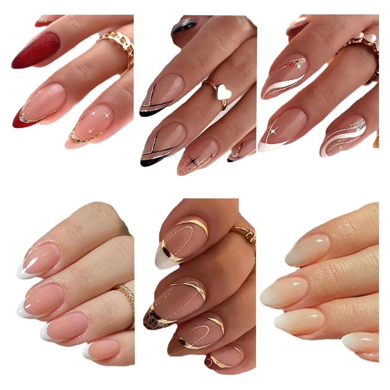 Kit de Uñas Postizas Almendras Francesas 144 Pcs GUFUGU