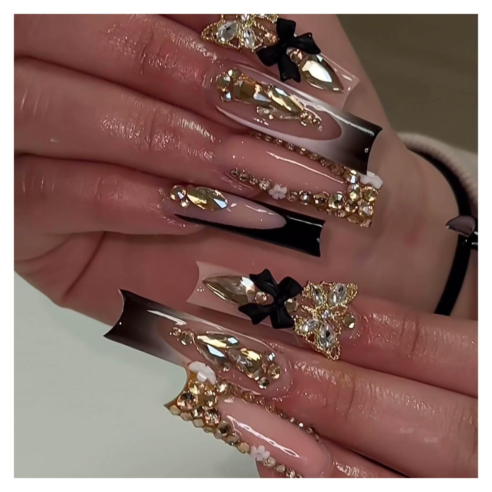 Uñas Postizas Francesas Negras RUOKEXIN - 24 Piezas con Pegamento