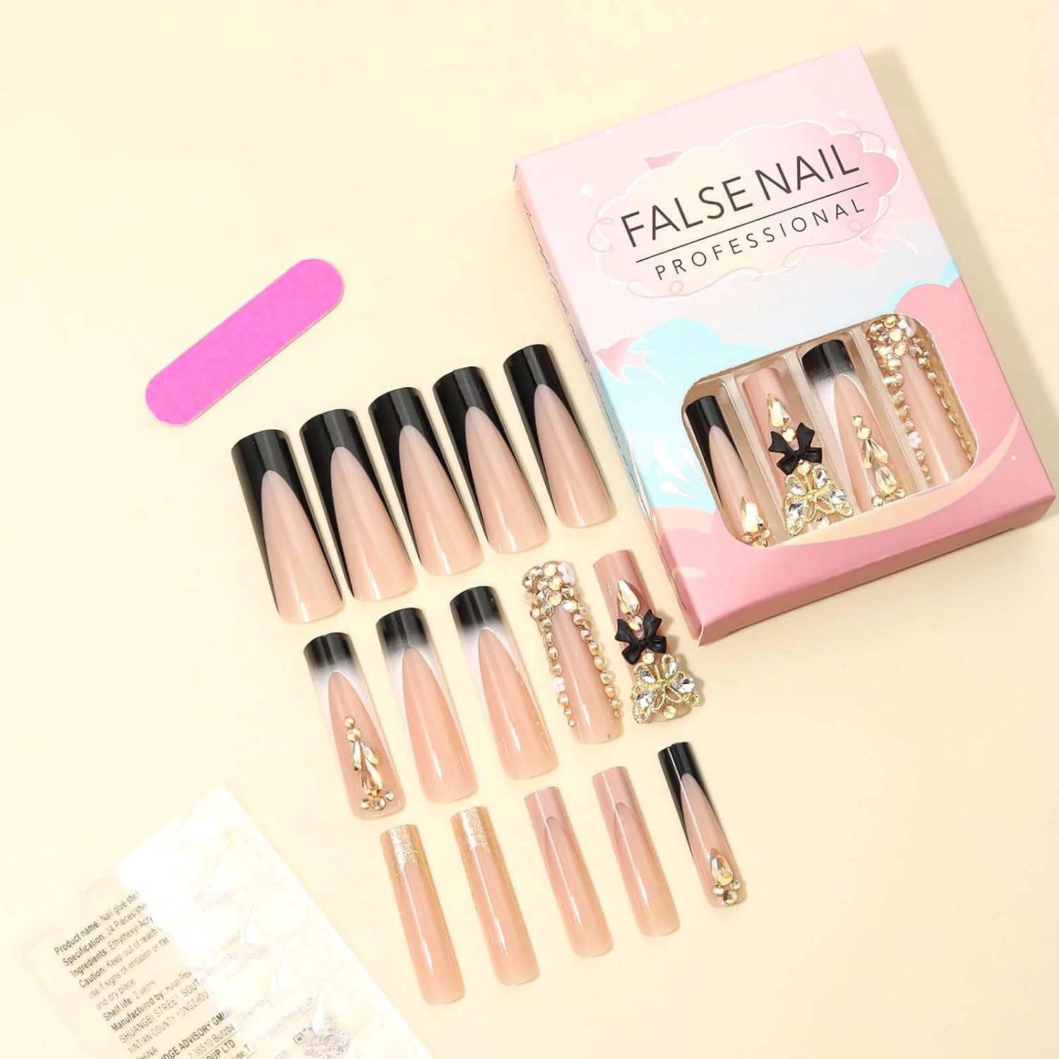 Uñas Postizas Francesas Negras RUOKEXIN - 24 Piezas con Pegamento