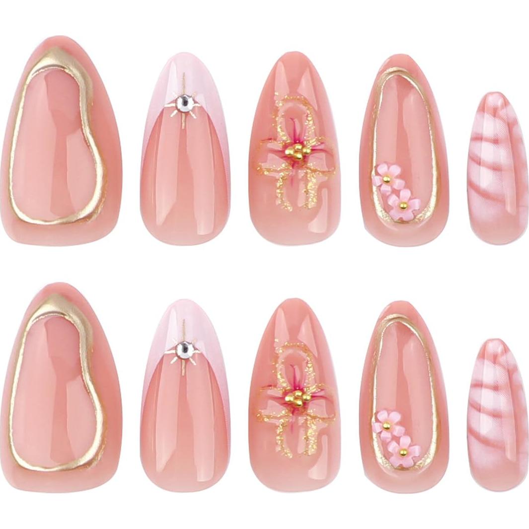 24 Uñas Postizas Cortas Almendras YEFIUO con Flores 3D