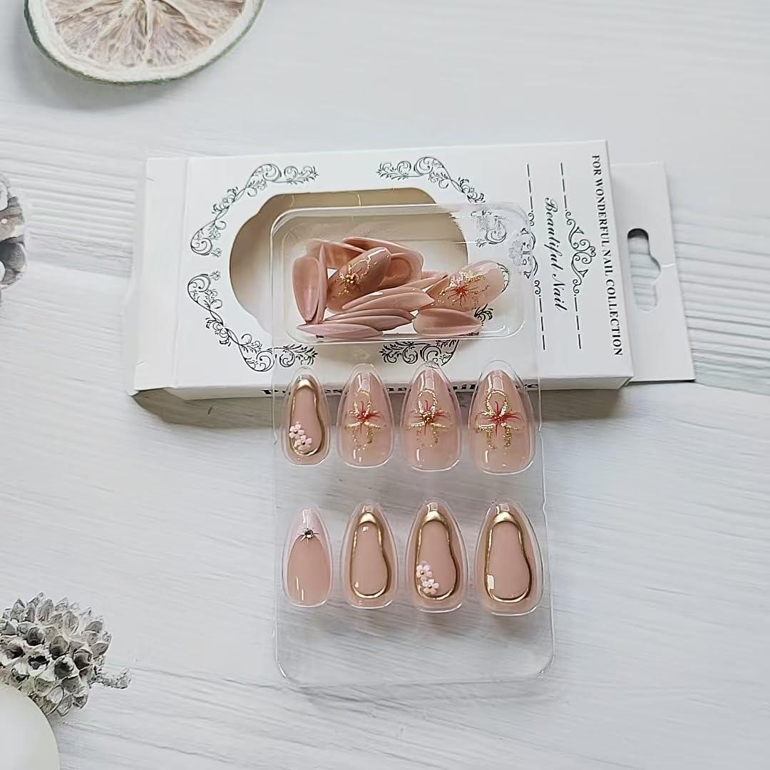 24 Uñas Postizas Cortas Almendras YEFIUO con Flores 3D