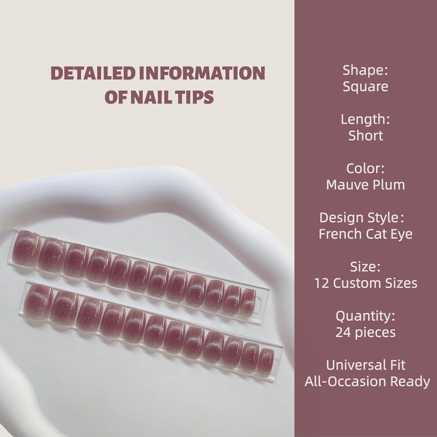 30 Uñas Postizas VESWEET Ciruela Malva Cortas Cuadradas