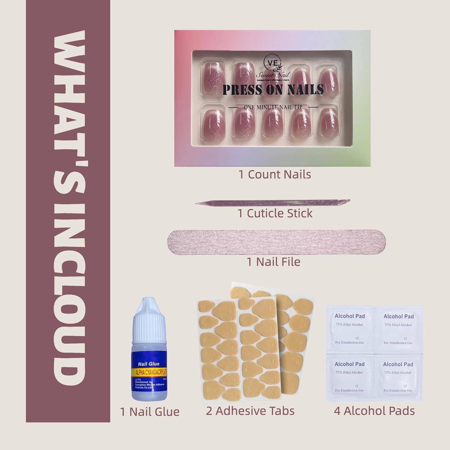 30 Uñas Postizas VESWEET Ciruela Malva Cortas Cuadradas