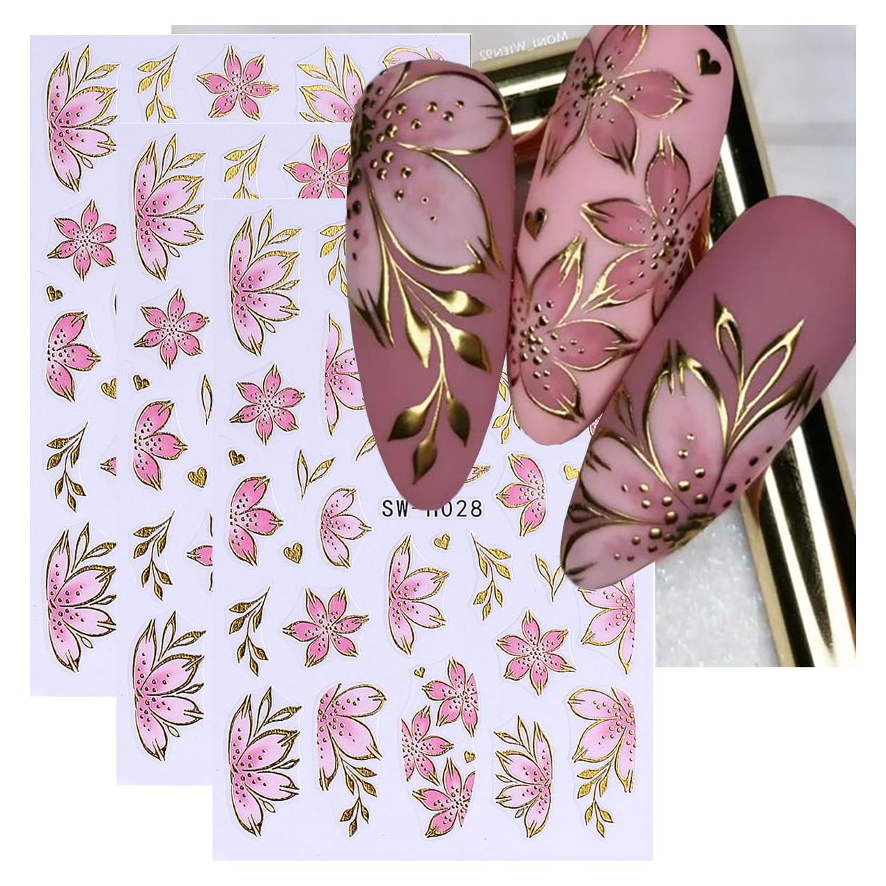 Calcomanías 5D de Uñas de Flores Rosadas y Moradas - 6PCS